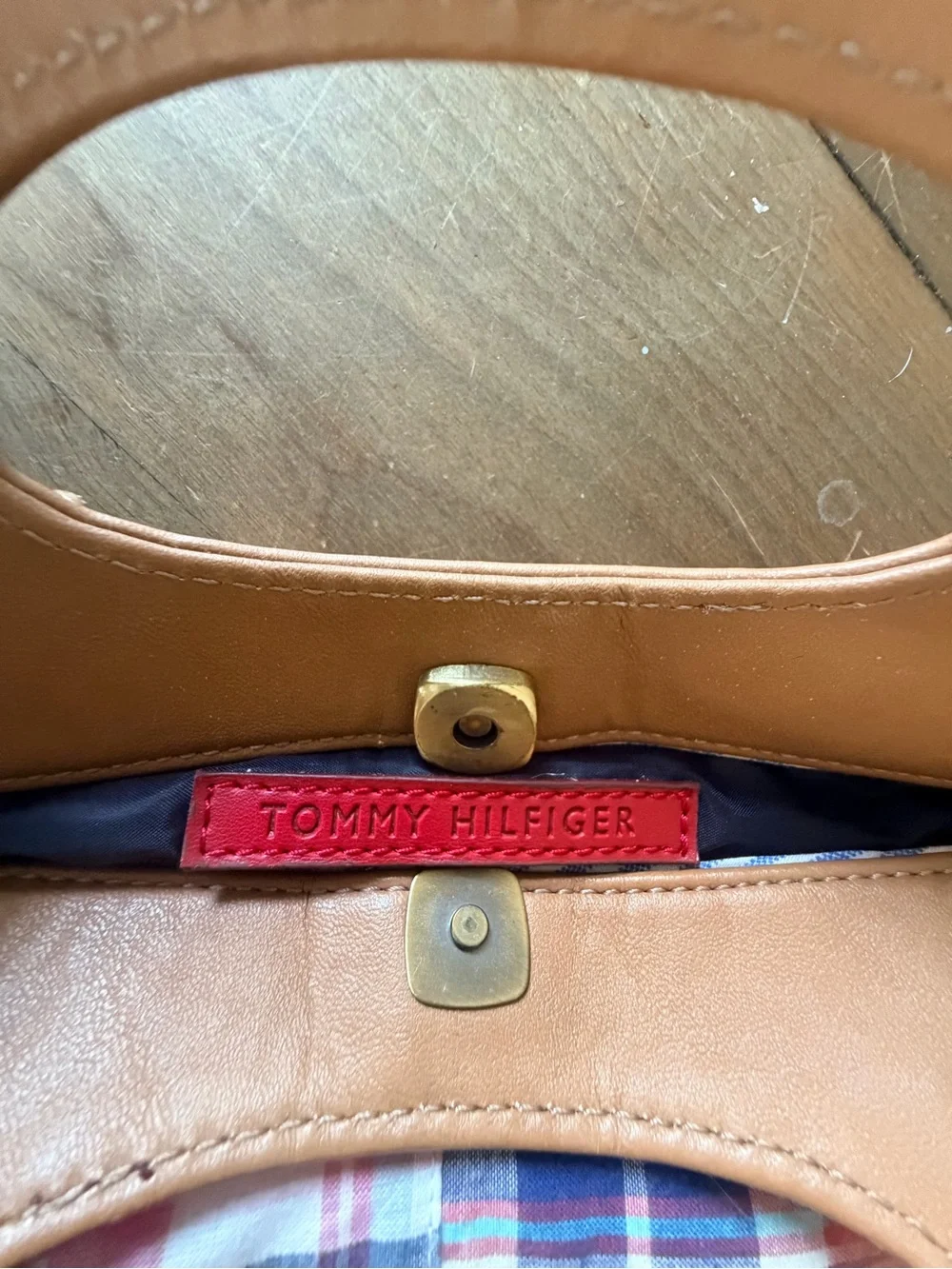 Tommy Hilfiger Madras Clutch with Brown Handle